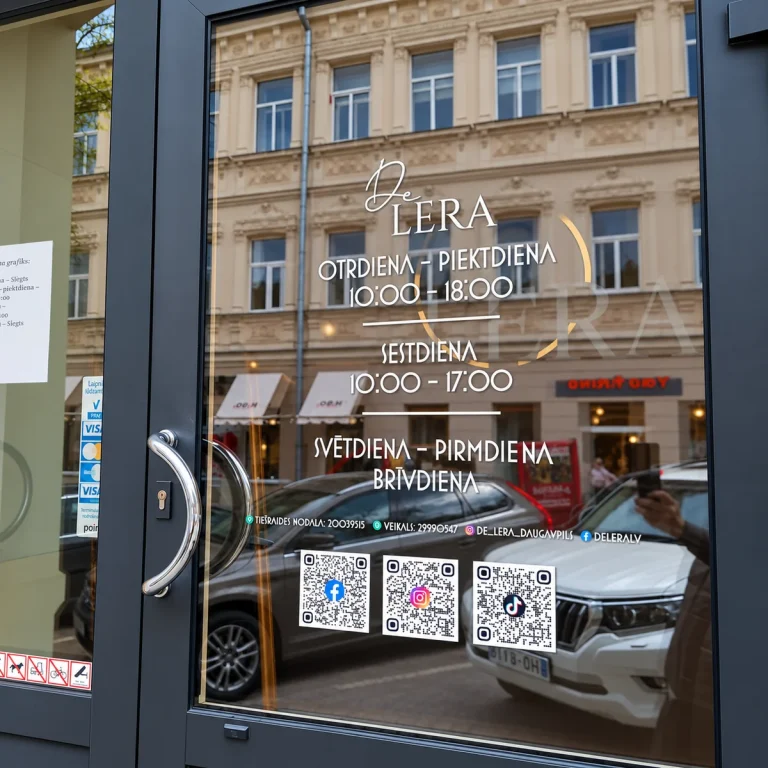 Skatlogu uzlīmes ar QR kodu uz veikala stikla durvīm – darba laiks, uzņēmuma logotips un QR kodi Facebook, Instagram un TikTok.