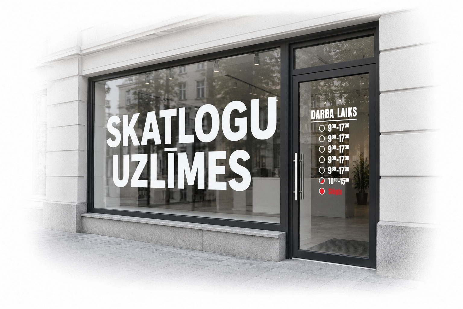 Skatlogu uzlīmes veikalu vitrīnām un stikla durvīm